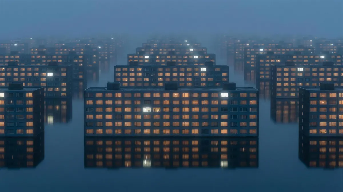 A blue-hour cityscape with many illuminated windows.